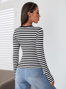 Muchica Striped Print Round Neck Long Sleeves Casual Slim Tee - Black and White - View 2