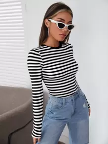 Muchica Striped Print Round Neck Long Sleeves Casual Slim Tee - Black and White - View 3