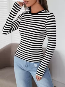 Muchica Striped Print Round Neck Long Sleeves Casual Slim Tee - Black and White - View 5