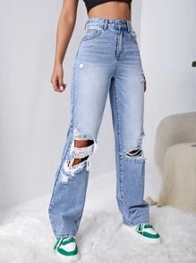SHEIN EZwear Cut Out Ripped Straight Leg Jeans - Light Wash - View 3