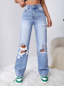 SHEIN EZwear Cut Out Ripped Straight Leg Jeans - Light Wash - View 4