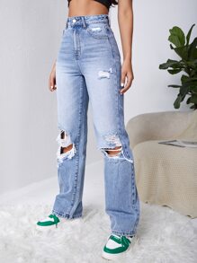 SHEIN EZwear Cut Out Ripped Straight Leg Jeans - Light Wash - View 5