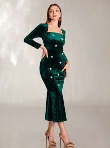 Modelyn Floral Appliques Square Neck Mermaid Hem Velvet Dress - Dark Green - View 5