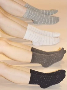 4pairs Polka Dot & Striped Pattern Crew Socks, Fall Socks
