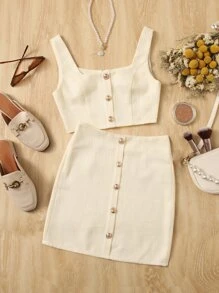 SHEIN Privé 前紐扣短款背心和半身裙