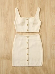 SHEIN Privé 前紐扣短款背心和半身裙