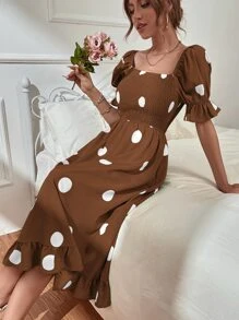 SHEIN Clasi Đầm Maxi Tay Phồng In Chấm Bi Có Viền Xếp Ly Cho Nữ - màu nâu - Xem 3