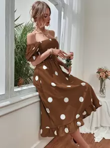 SHEIN Clasi Đầm Maxi Tay Phồng In Chấm Bi Có Viền Xếp Ly Cho Nữ - màu nâu - Xem 4