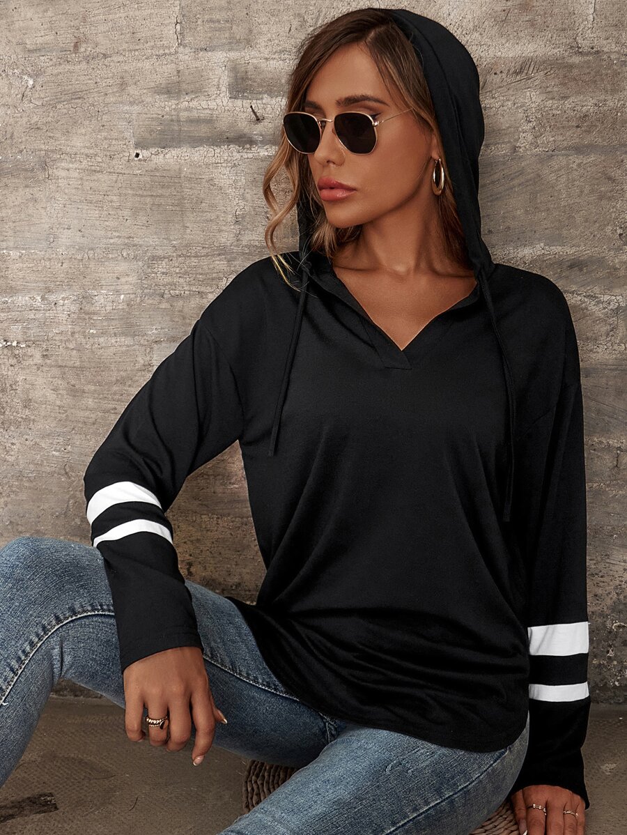 SHEIN LUNE Hoodie Sọc Varsity Dây rút - màu đen - Xem 1