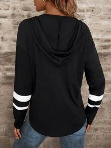 SHEIN LUNE Hoodie Sọc Varsity Dây rút - màu đen - Xem 2