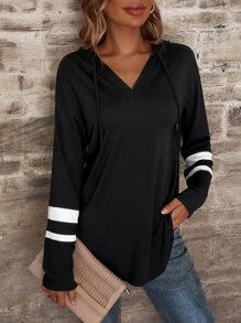 SHEIN LUNE Hoodie Sọc Varsity Dây rút - màu đen - Xem 4