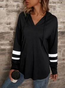 SHEIN LUNE Hoodie Sọc Varsity Dây rút - màu đen - Xem 6