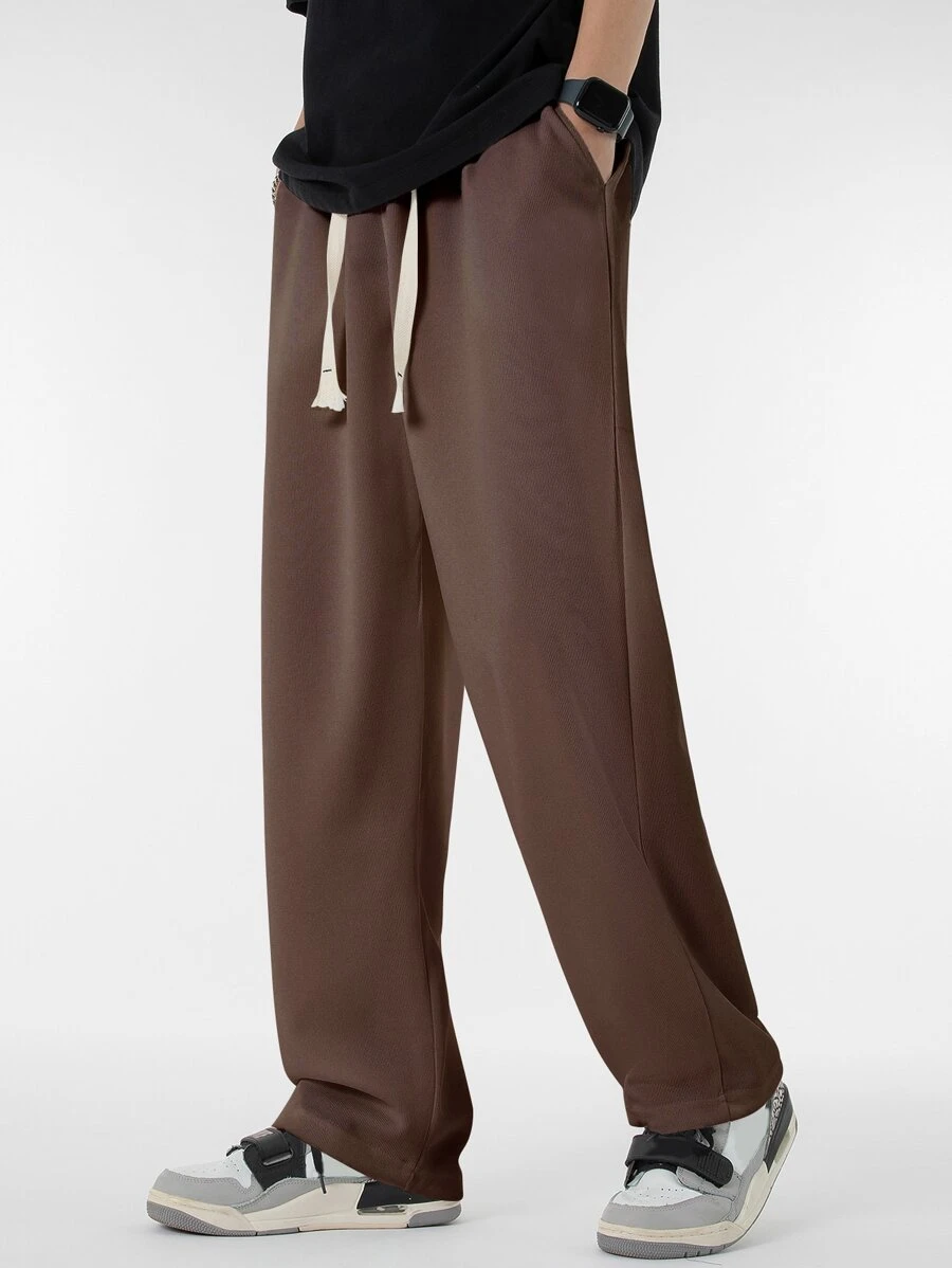 Manfinity Hypemode 男士腰部抽繩直筒褲 - 咖啡棕 - 查看 1