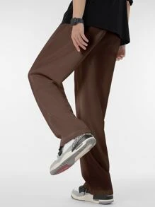 Manfinity Hypemode 男士腰部抽繩直筒褲 - 咖啡棕 - 查看 2