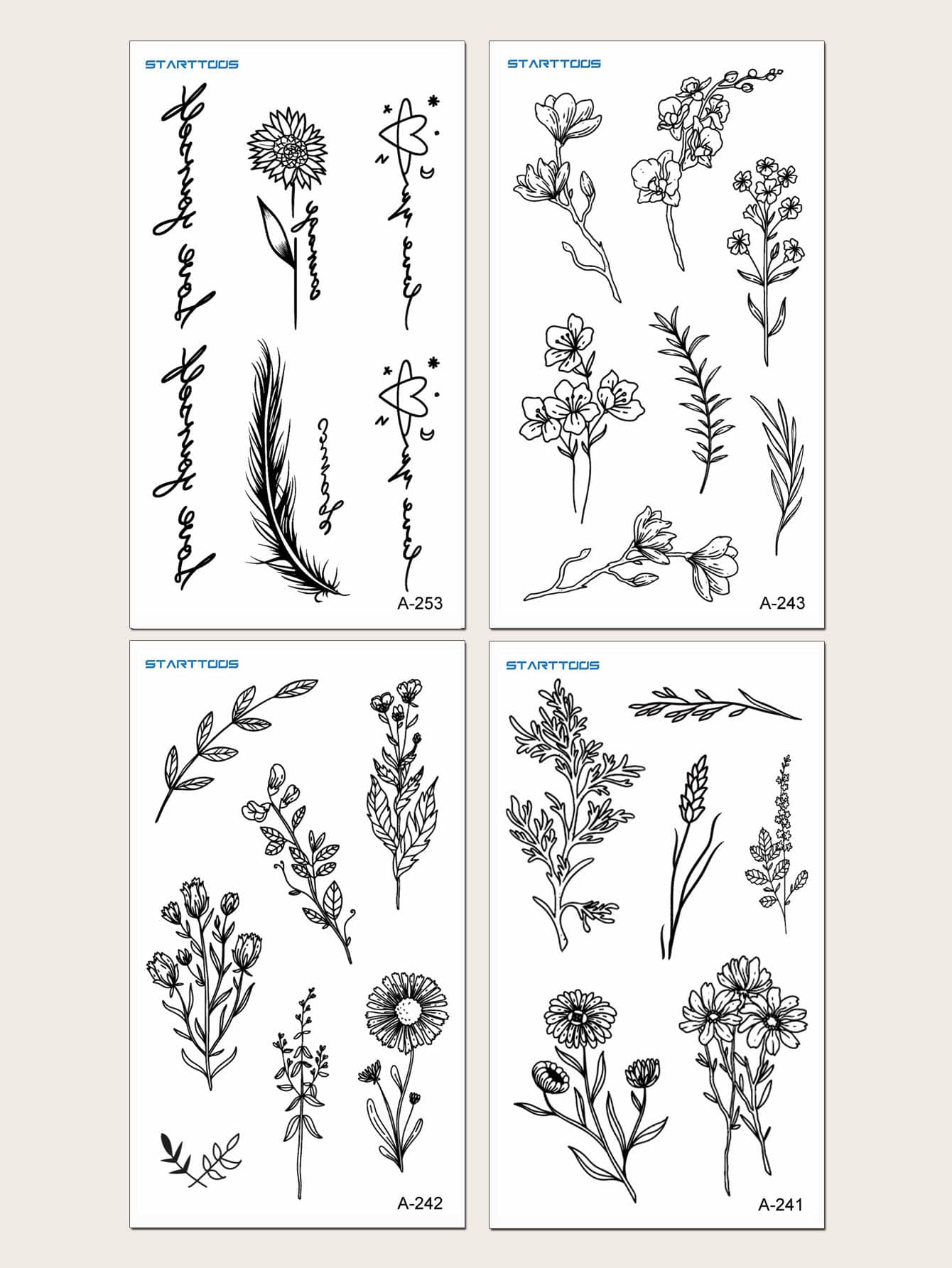 4sheets Floral Print Tattoo Sticker - Black - View 1