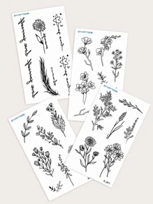 4sheets Floral Print Tattoo Sticker - Black - View 7