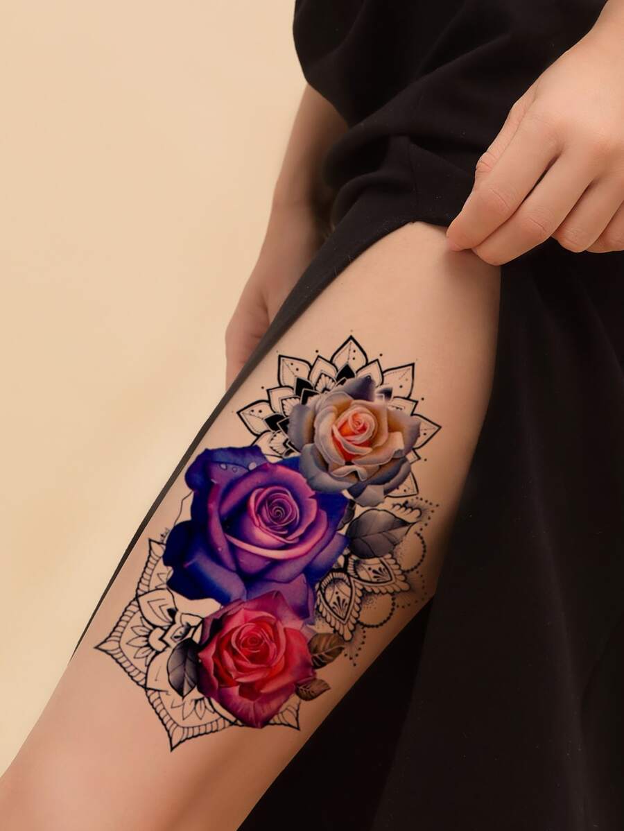 1 tờ giấy dán hình xăm hoa hồng - Nhiều màu - Xem 1