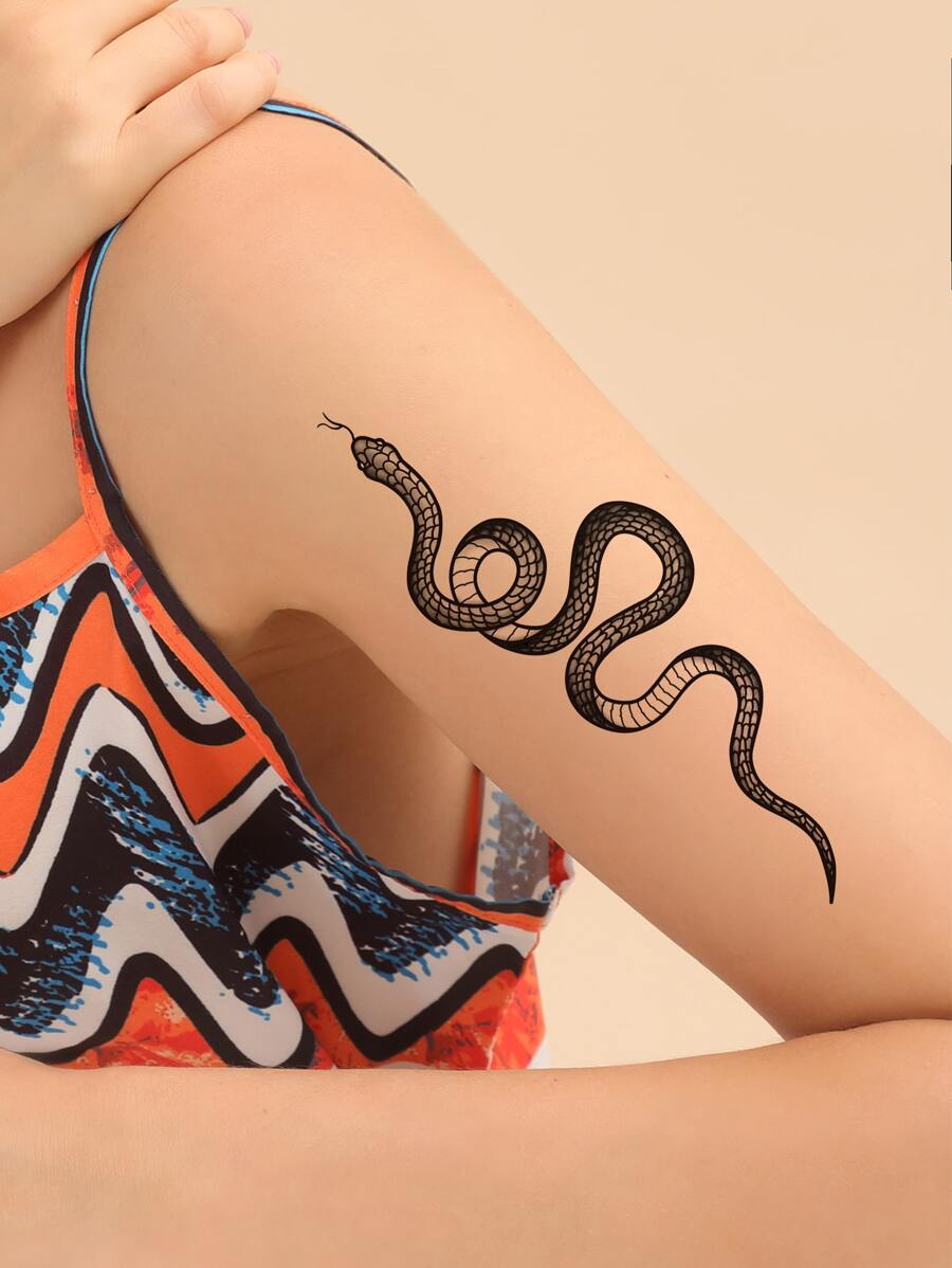 1張蛇印花紋身貼紙 - 黑色 - 查看 1