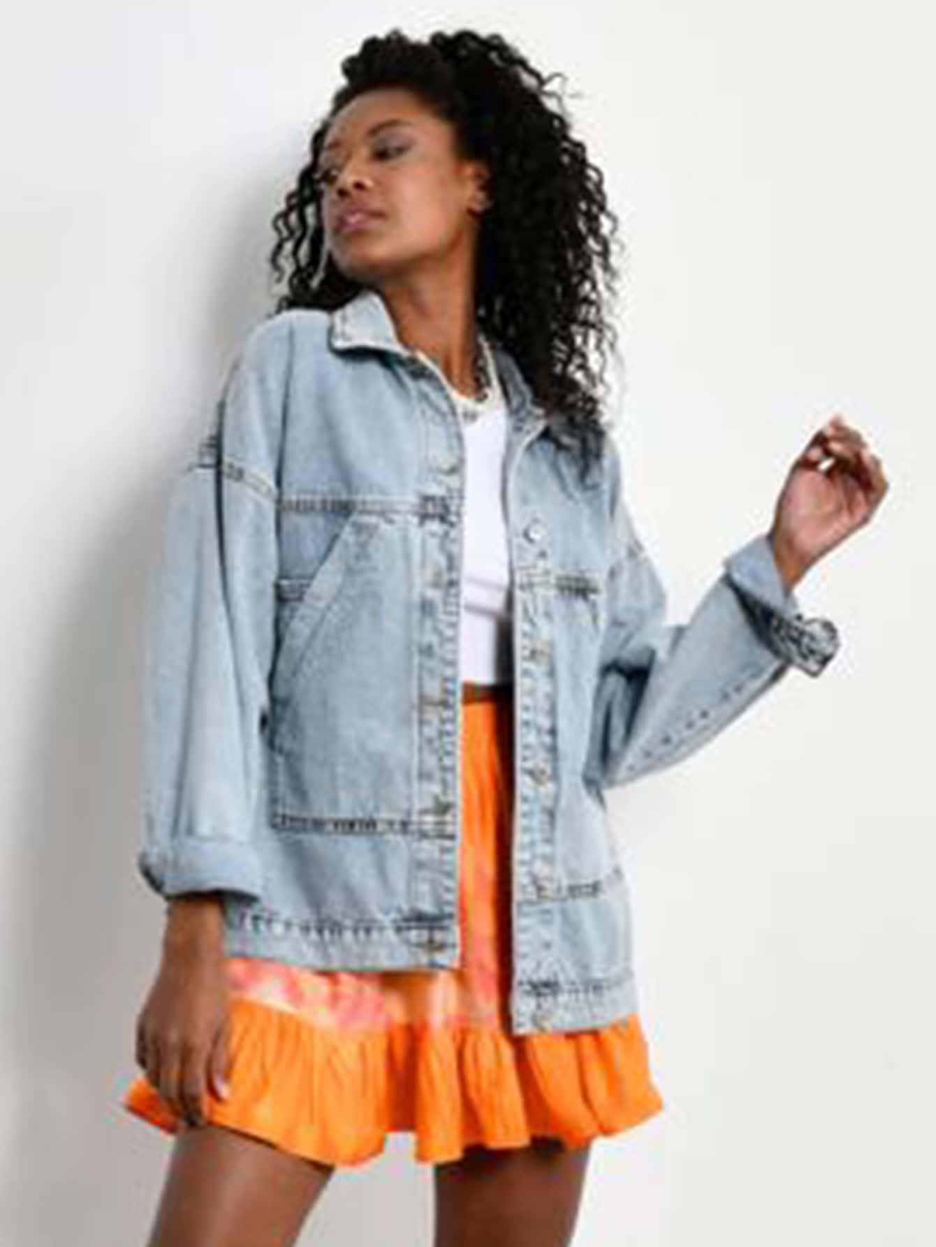 EURMUSE Women's Casual Loose Fit Drop Shoulder Long Sleeve Single-Breasted Denim Jacket, Autumn Orange - Blue - View 1