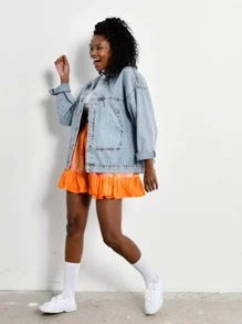 EURMUSE Women's Casual Loose Fit Drop Shoulder Long Sleeve Single-Breasted Denim Jacket, Autumn Orange - Blue - View 2