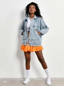 EURMUSE Women's Casual Loose Fit Drop Shoulder Long Sleeve Single-Breasted Denim Jacket, Autumn Orange - Blue - View 3