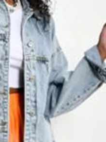 EURMUSE Women's Casual Loose Fit Drop Shoulder Long Sleeve Single-Breasted Denim Jacket, Autumn Orange - Blue - View 5