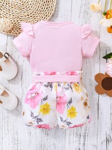 嬰兒女童標語圖形荷葉邊細肩連體衣和花卉印花腰帶短褲 - 彩色 - 查看 2