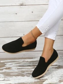 Minimalist Suedette Slip On Flat Loafers - Black - View 2