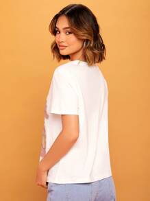 SHEIN Essnce Áo thun nữ Pha lê kim cương Con số Hoa Giải trí - trắng - Xem 2