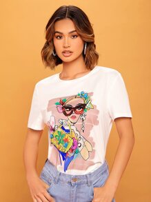 SHEIN Essnce Áo thun nữ Pha lê kim cương Con số Hoa Giải trí - trắng - Xem 3