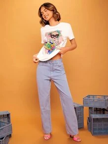 SHEIN Essnce Áo thun nữ Pha lê kim cương Con số Hoa Giải trí - trắng - Xem 6