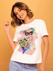 SHEIN Essnce Áo thun nữ Pha lê kim cương Con số Hoa Giải trí - trắng - Xem 7