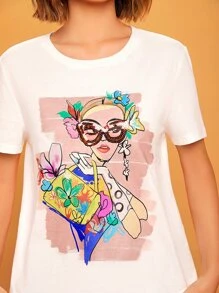 SHEIN Essnce Áo thun nữ Pha lê kim cương Con số Hoa Giải trí - trắng - Xem 8