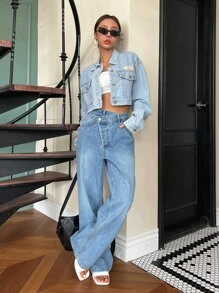 DAZY 字母補丁細節落肩袖短款牛仔夾克 - 淺色水洗藍 - 查看 3