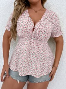 Breezaya Plus Ditsy Floral Print Tie Front Blouse - Dusty Pink - View 1