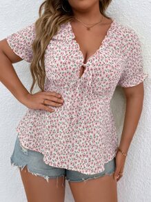 Breezaya Plus Ditsy Floral Print Tie Front Blouse - Dusty Pink - View 3