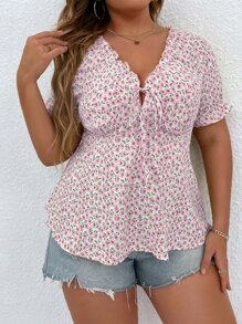 Breezaya Plus Ditsy Floral Print Tie Front Blouse - Dusty Pink - View 5