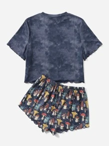 Cashmere Sun Fairycore 蘑菇印花扎染生菜边饰睡衣套装，学校 - 彩色 - 查看 2