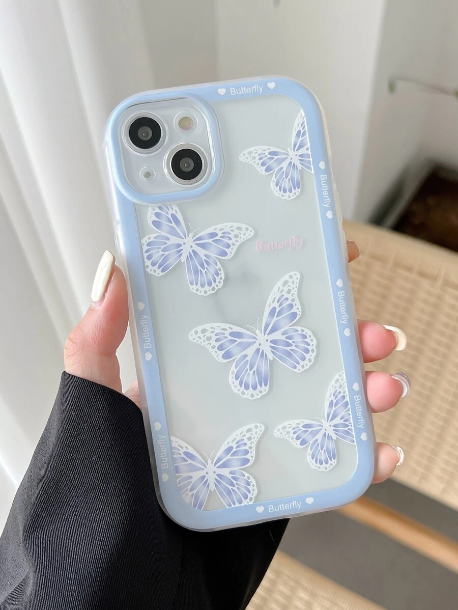 Butterfly Pattern Phone Case - Blue and White - View 1