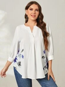 EMERY ROSE Plus Floral Print Notched Neckline Curved Hem Blouse - White - View 1