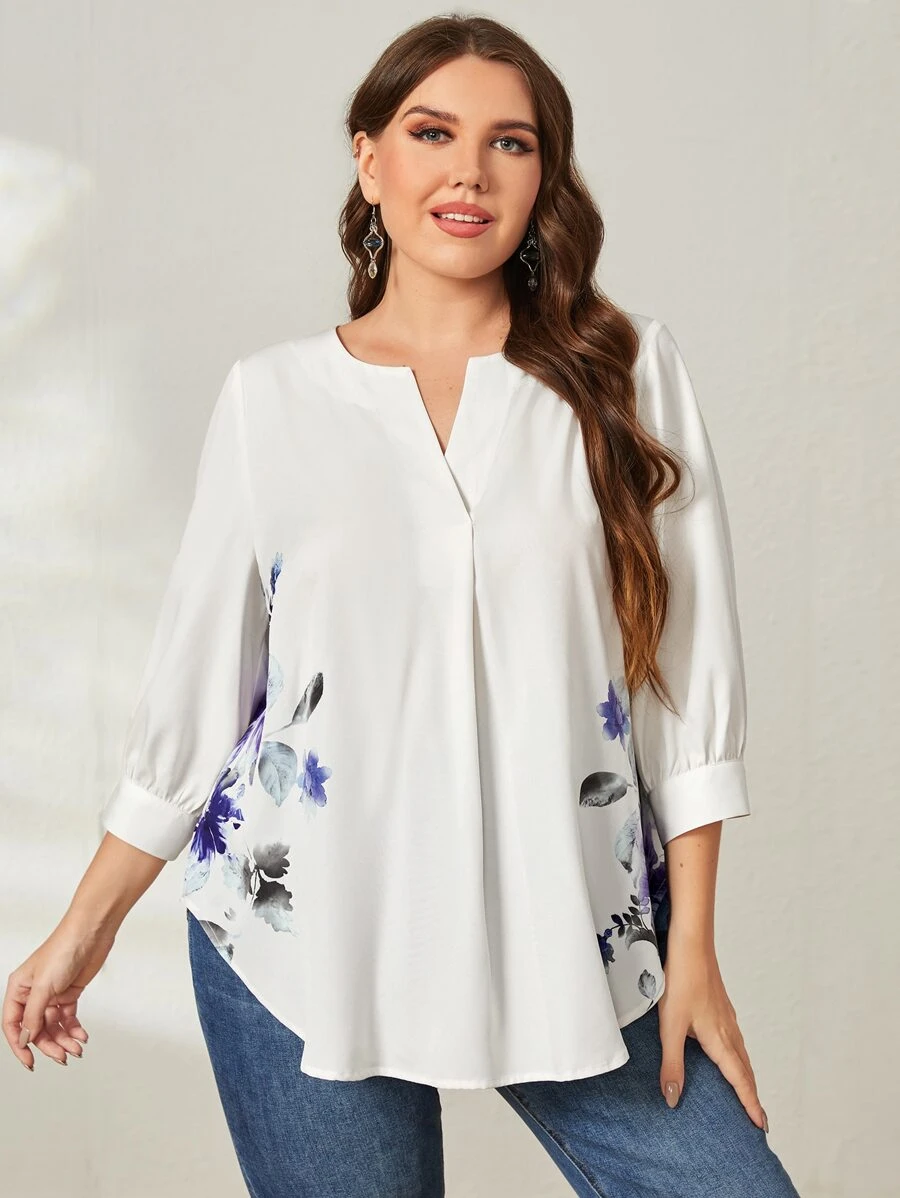 EMERY ROSE Plus Floral Print Notched Neckline Curved Hem Blouse - White - View 1