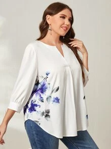 EMERY ROSE Plus Floral Print Notched Neckline Curved Hem Blouse - White - View 4