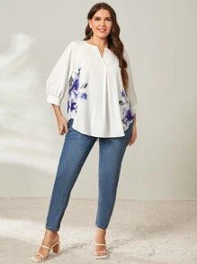 EMERY ROSE Plus Floral Print Notched Neckline Curved Hem Blouse - White - View 5