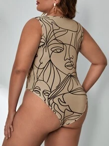 SHEIN Essnce Plus Abstract Figure Graphic Tank Bodysuit - Mocha Brown - View 2