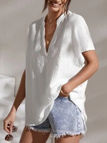 SHEIN Essnce Notched Batwing Sleeve Blouse - White - View 5