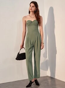 SHEIN Fold Pleated Bustier Tube Jumpsuit - Mint Green - View 3