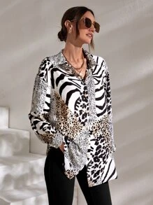 SHEIN Clasi Zebra Striped & Leopard Print Drop Shoulder Shirt - Multicolor - View 3