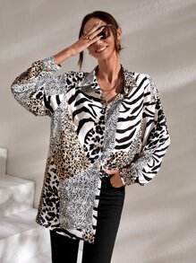 SHEIN Clasi Zebra Striped & Leopard Print Drop Shoulder Shirt - Multicolor - View 5