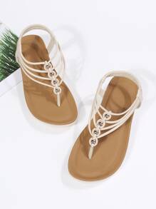 Xăng đan bệt quai chữ T trang trí nhẫn cho nữ, Xăng đan đế bằng màu trơn tối giản thời trang - Màu be - Xem 5