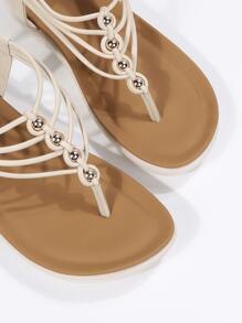 Xăng đan bệt quai chữ T trang trí nhẫn cho nữ, Xăng đan đế bằng màu trơn tối giản thời trang - Màu be - Xem 6